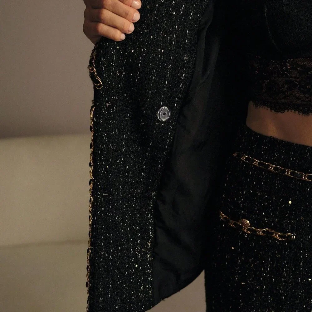 Black Elegant Women's Premium Tweed Sequins Double Breasted Placket Blazer